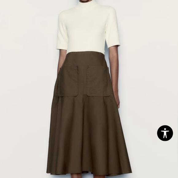 Zara Dresses & Skirts - Zara khaki and crème color mock neck dress | Size M